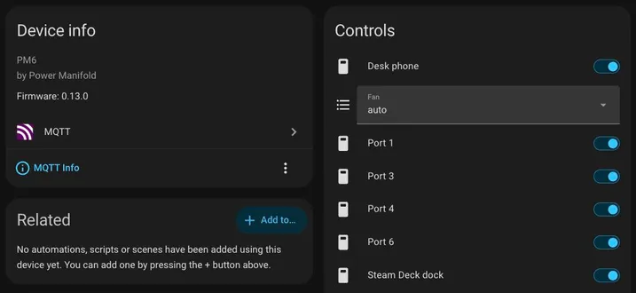 The Power Manifold device page in Home Assistant: device info showing firmware 0.13.0, and a Controls card with a switch for each port and the fan mode.
