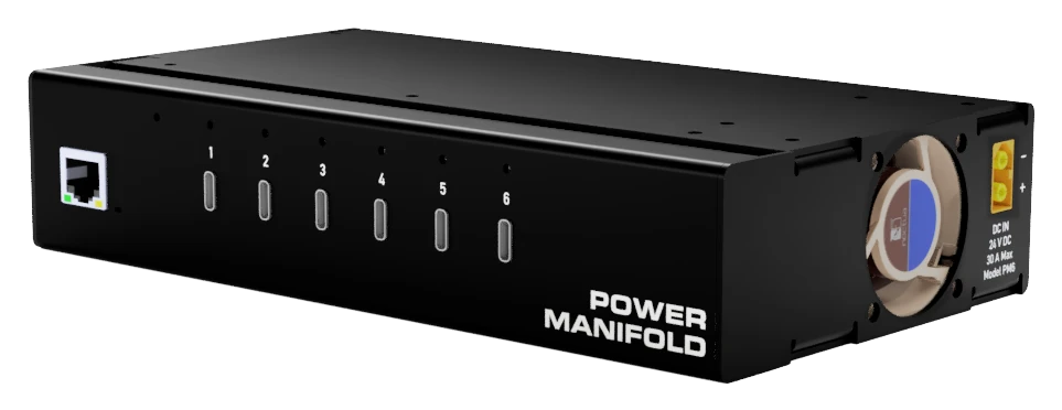 Power Manifold chassis from the front right, showing the Ethernet jack, six numbered USB-C ports, the exhaust fan and the XT60 power input.